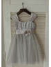 Silver Sequin Tulle Satin Sash Straps Big Bow Flower Girl Dress